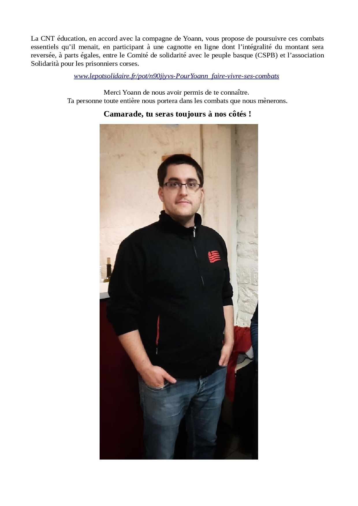 Communiqué officiel Décès de yoann Isambert 2
